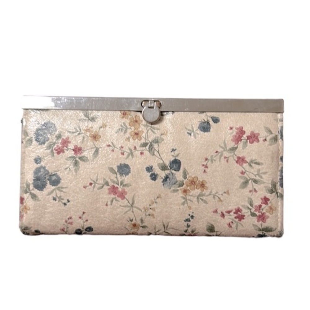Floral leather wallet with antique blue pink & yellow floral‎ design beige (734)
